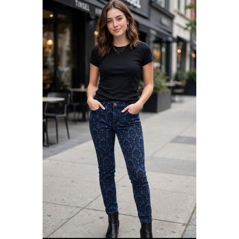 Tinsel Denim Couture Blue Black Flocked Damask Velvet Skinny Jeans Size 30